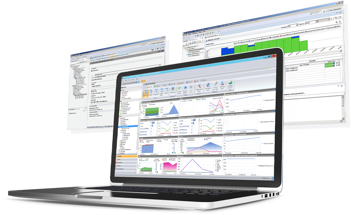 Three dashboards of SQL Server monitoring within the SQL Diagnostic Manager for SQL Server software